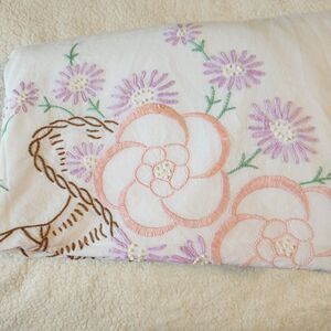 Vintage Hand Embroidered Floral Cottage White 101"x76" Flat Sheet Green Trim